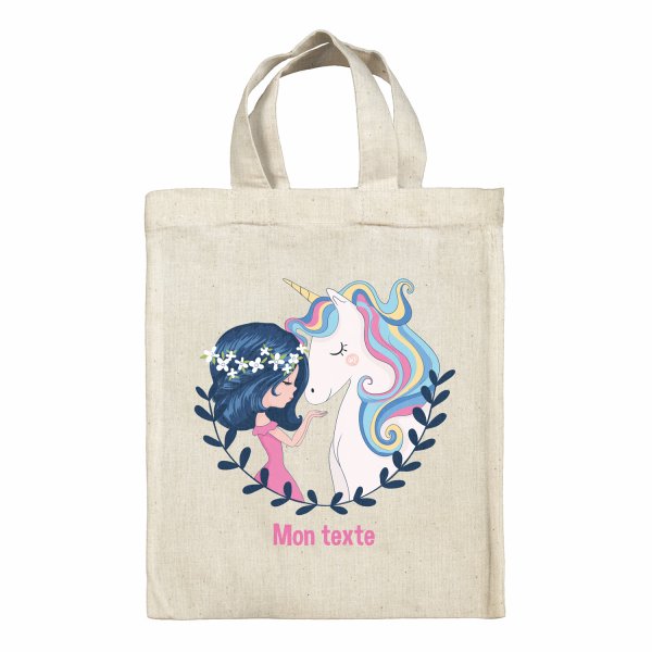 Bolsa tote bag infantil personalizable para fiambrera - bento - fiambrera con diseño de niña y unicornio