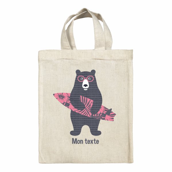 Bolsa tote bag infantil personalizable para fiambrera - bento - fiambrera con diseño de oso surfista