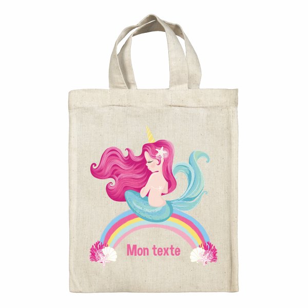 Bolsa tote bag infantil personalizable para fiambrera - bento - fiambrera con diseño de sirena arco iris