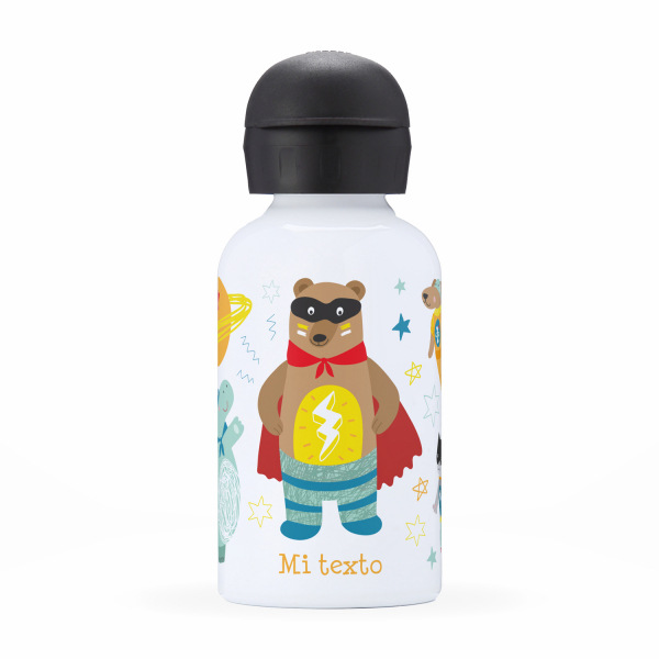 Botella isotérmica personalizada para niños vista frontal con diseño de superhéroes