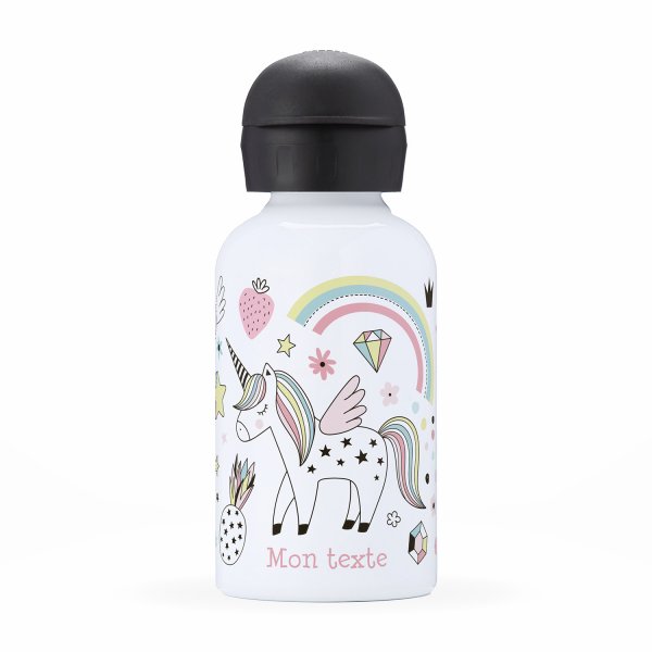 Botella isotérmica personalizada para niños vista frontal con diseño de unicornio y arco iris