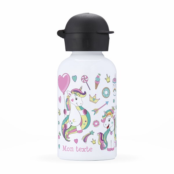 Botella isotérmica personalizada para niños vista frontal con diseño de unicornio y accesorios