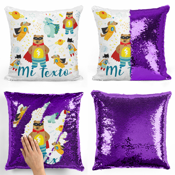 cojín para niños con lentejuelas mágico, reversible y personalizable con diseño de animales superhéroes de color violeta