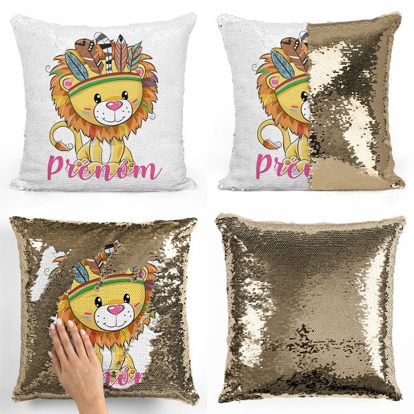 cojín para niños con lentejuelas mágico, reversible y personalizable con diseño de león indio de color oro dorado