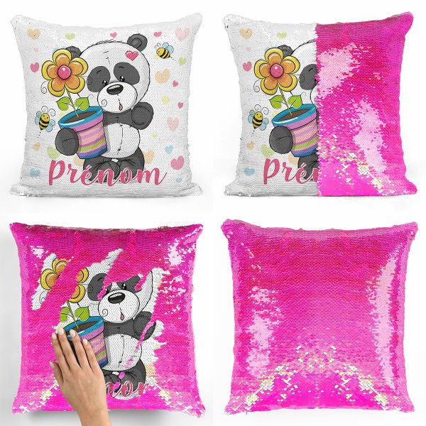 cojín para niños con lentejuelas mágico, reversible y personalizable con diseño de panda con maceta de color rosa nacarado