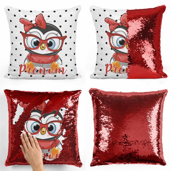 cojín para niños con lentejuelas mágico, reversible y personalizable con diseño de pingüino con gafas de color rojo