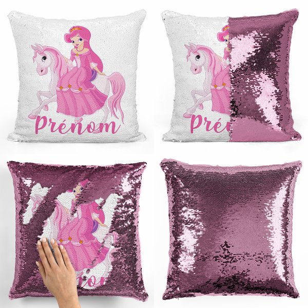 cojín para niños con lentejuelas mágico, reversible y personalizable con diseño de princesa a caballo de color rosa claro