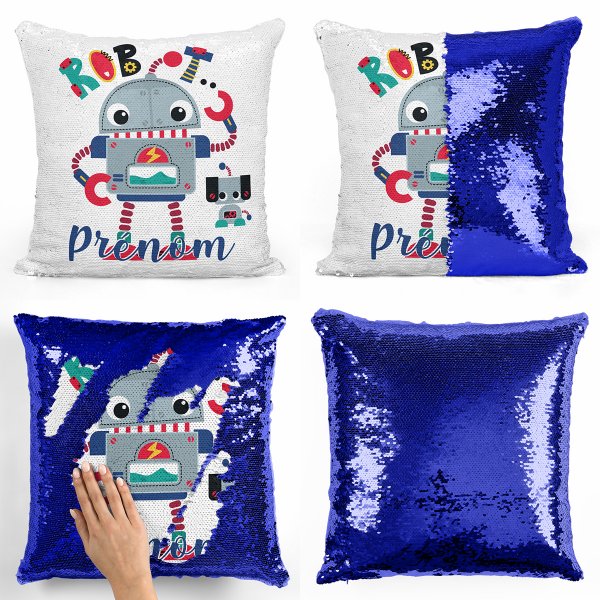 cojín para niños con lentejuelas mágico, reversible y personalizable con diseño de robot de color azul oscuro