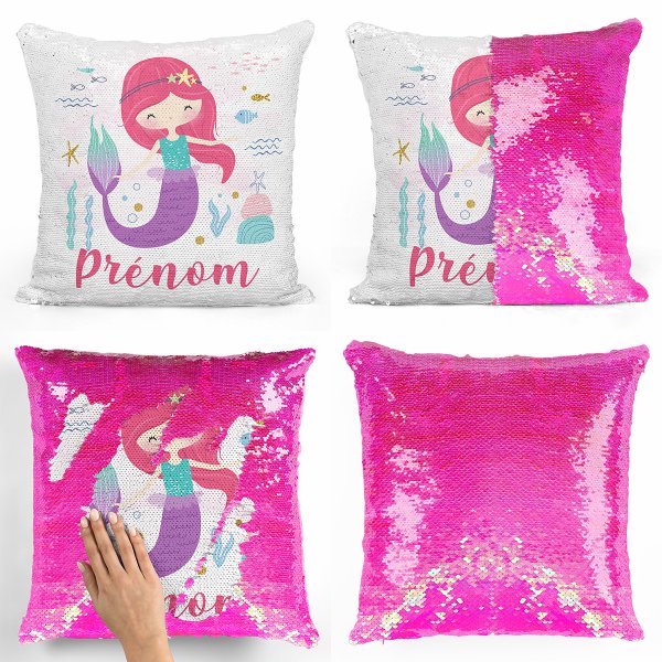 cojín para niños con lentejuelas mágico, reversible y personalizable con diseño de sirena del océano de color rosa nacarado