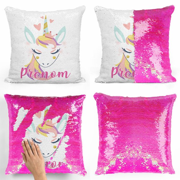 cojín para niños con lentejuelas mágico, reversible y personalizable con diseño de unicornio con corazones de color rosa nacarado