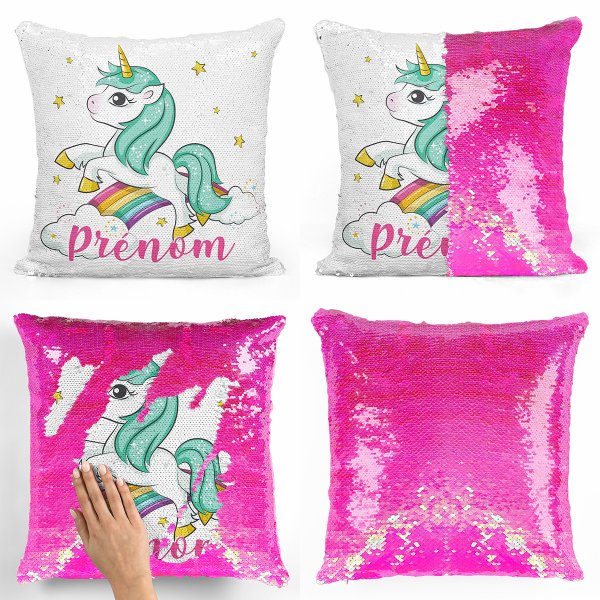 cojín para niños con lentejuelas mágico, reversible y personalizable con diseño de unicornio, nubes y arco iris de color rosa nacarado