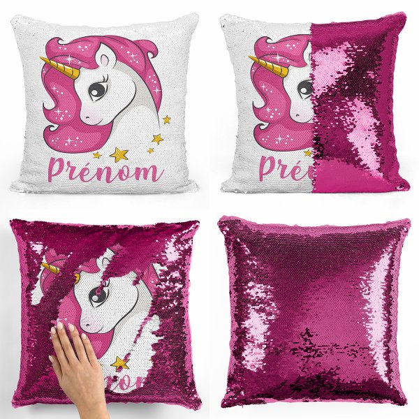 cojín para niños con lentejuelas mágico, reversible y personalizable con diseño de unicornio con estrellas de color fucsia