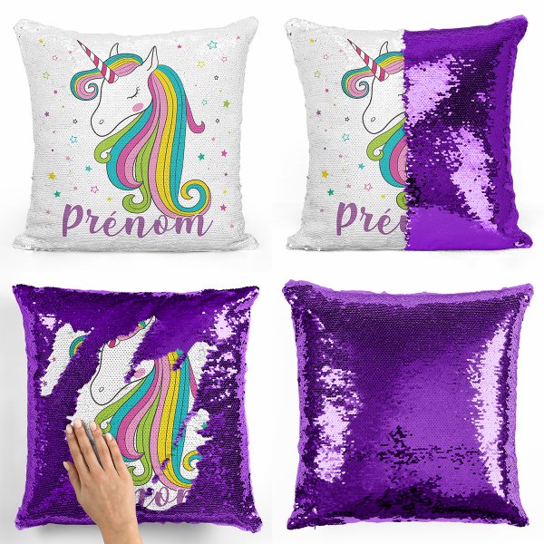 cojín para niños con lentejuelas mágico, reversible y personalizable con diseño de unicornio con estrellas de color violeta