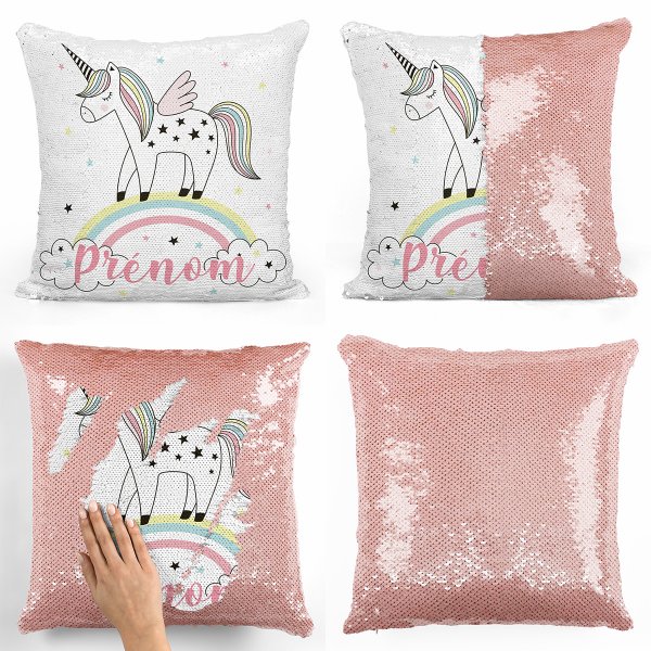 cojín para niños con lentejuelas mágico, reversible y personalizable con diseño de unicornio y arco iris de color salmón