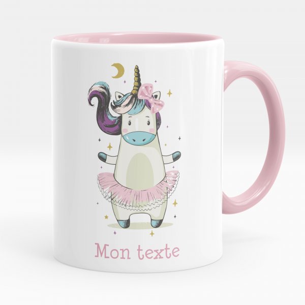 Taza personalizada para niños con diseño de bailarina unicornio de color rosa