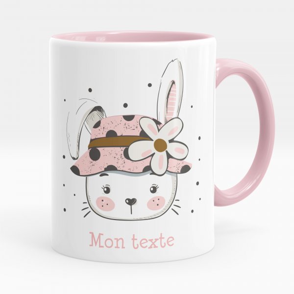 Taza personalizada para niños con diseño de coneja con flor de color rosa