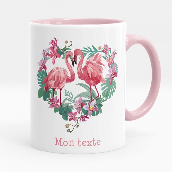 Taza personalizada para niños con diseño de flamencos rosas con corazón de color rosa