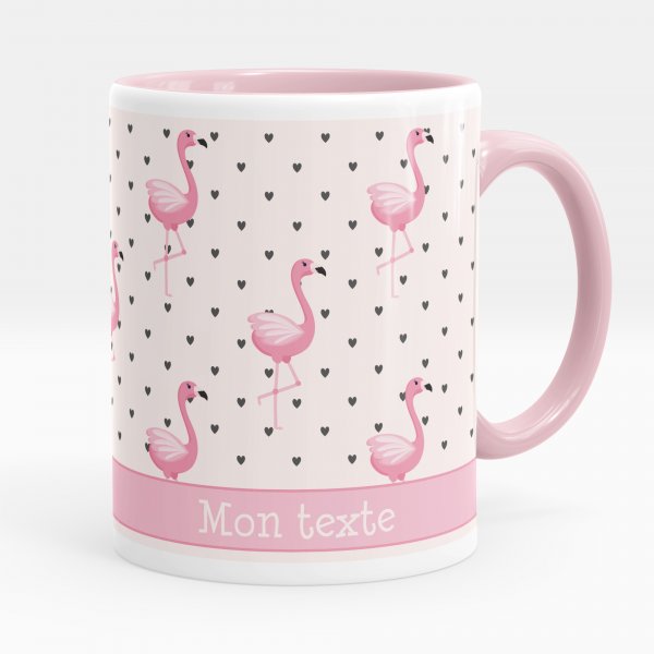 Taza personalizada para niños con diseño de flamencos rosas y corazones de color rosa