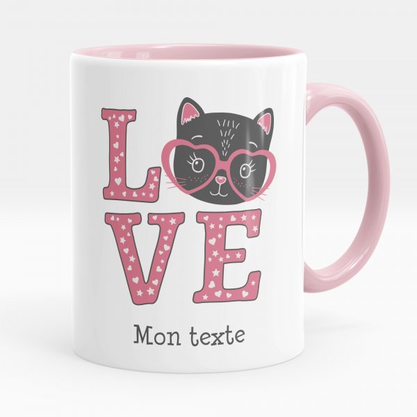 Taza personalizada para niños con diseño de gato amor de color rosa