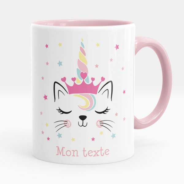 Taza personalizada para niños con diseño de gato unicornio de color rosa