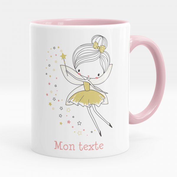 Taza personalizada para niños con diseño de hada con estrellas de color rosa