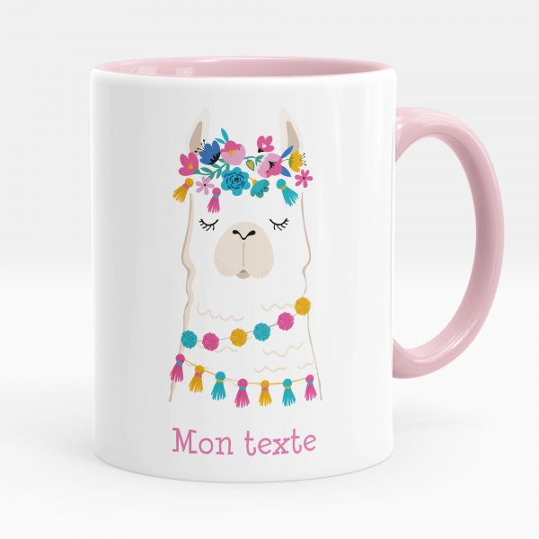 Taza personalizada para niños con diseño de llama de color rosa