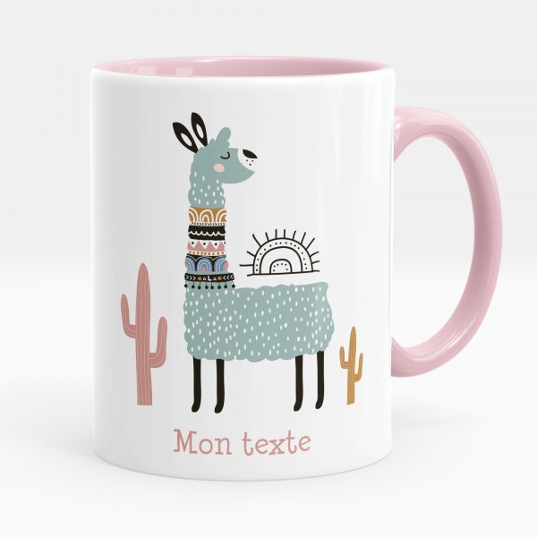 Taza personalizada para niños con diseño de llama de color rosa