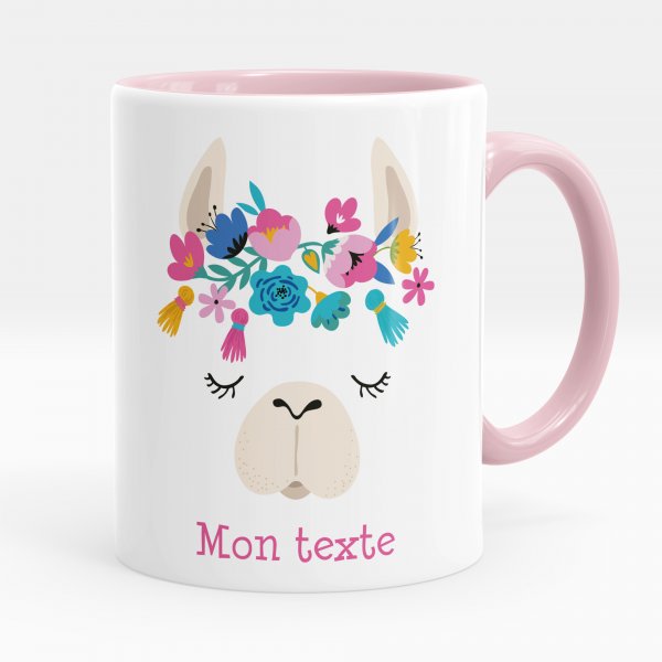 Taza personalizada para niños con diseño de llama de color rosa