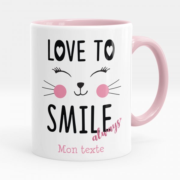 Taza personalizada para niños con diseño de Love to smile always de color rosa