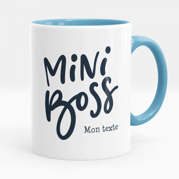 Taza personalizada para niños con diseño de mini boss de color azul