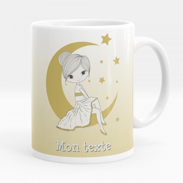 Taza personalizada para niños con diseño de niña en la luna de color blanco