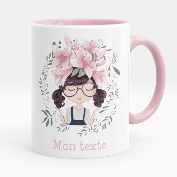 Taza personalizada para niños con diseño de niña pequeña flores de color rosa