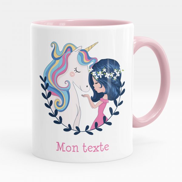 Taza personalizada para niños con diseño de niña y unicornio de color rosa