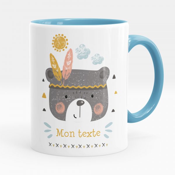 Taza personalizada para niños con diseño de osito indio de color azul