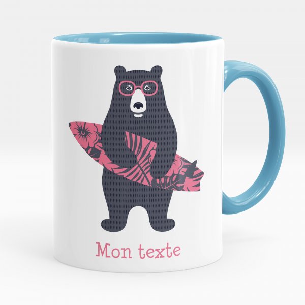 Taza personalizada para niños con diseño de osito surfista de color azul