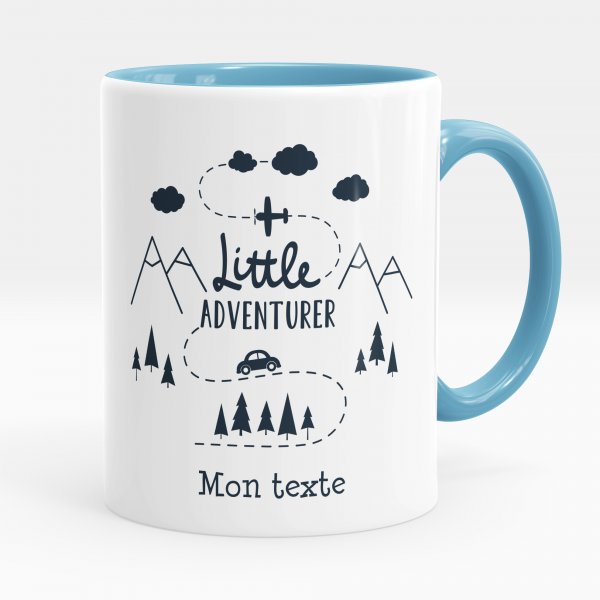 Taza personalizada para niños con diseño de pequeño aventurero de color azul