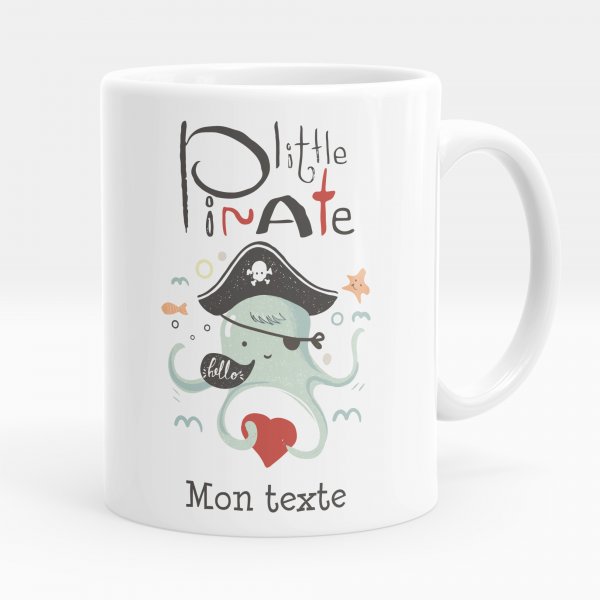 Taza personalizada para niños con diseño de pequeño pirata de color blanco