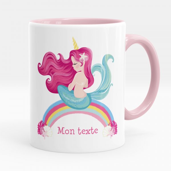 Taza personalizada para niños con diseño de sirena y arco iris de color rosa