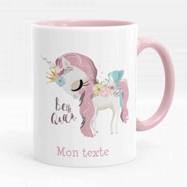 Taza personalizada para niños con diseño de unicornio Be the Queen de color rosa