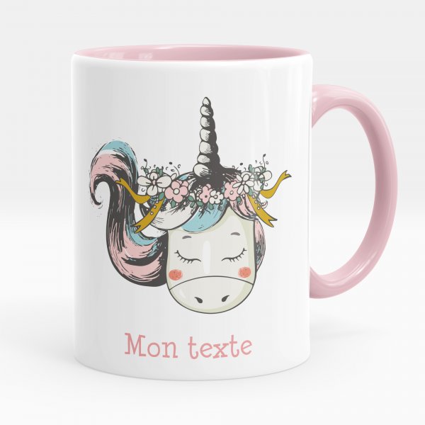 Taza personalizada para niños con diseño de unicornio de color rosa