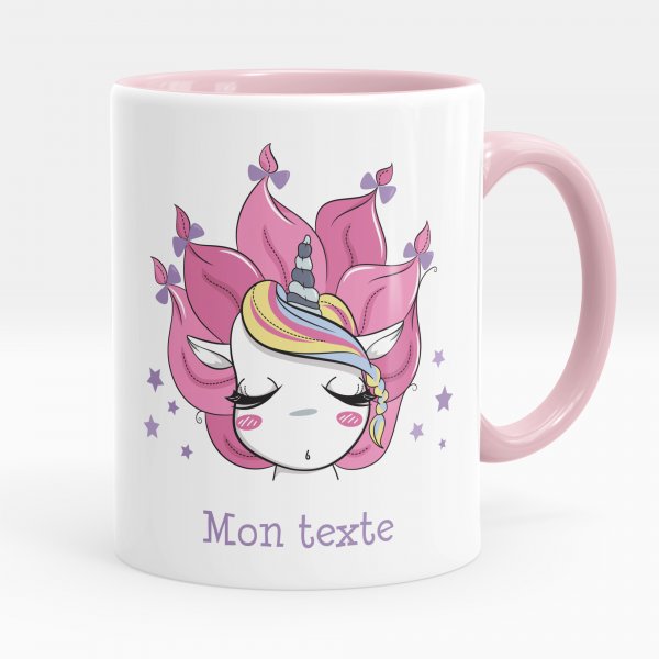 Taza personalizada para niños con diseño de unicornio y estrellas de color rosa