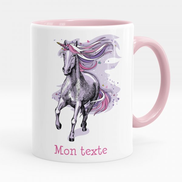 Taza personalizada para niños con diseño de unicornio violeta de color rosa