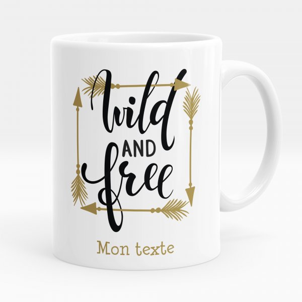 Taza personalizada para niños con diseño de wild and free de color blanco