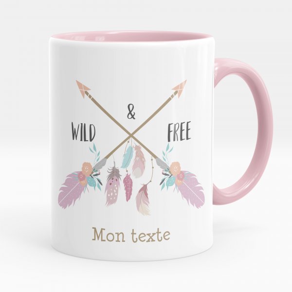 Taza personalizada para niños con diseño de wild & free de color rosa